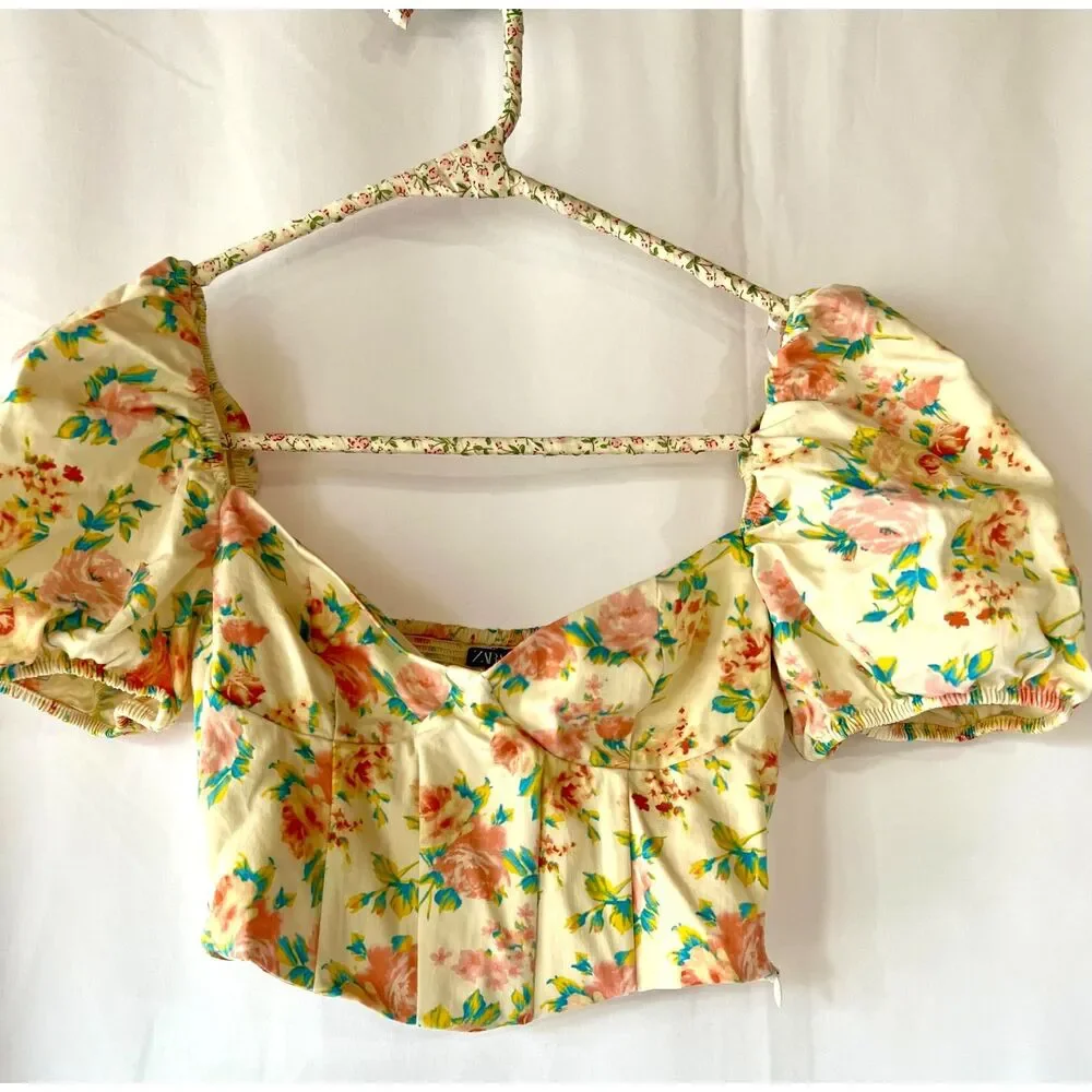 Zara Puff Sleeve Bustier Cropped Floral Corset Top Sz S NWOT Cottage, Boho